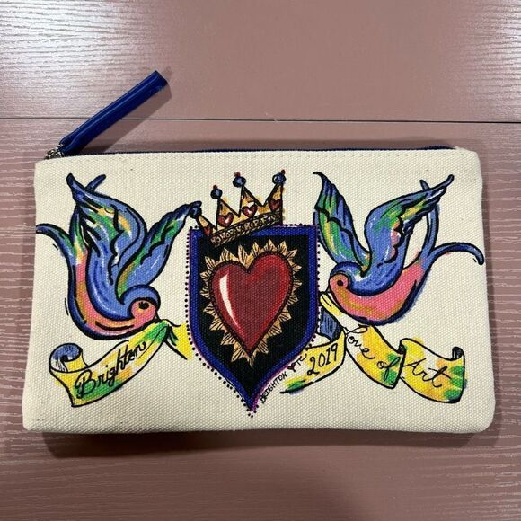 Brighton 2019 Love of Art Canvas Zippered Pouch Cosmetic Makeup Bag Sparrow Bird - Picture 1 of 5